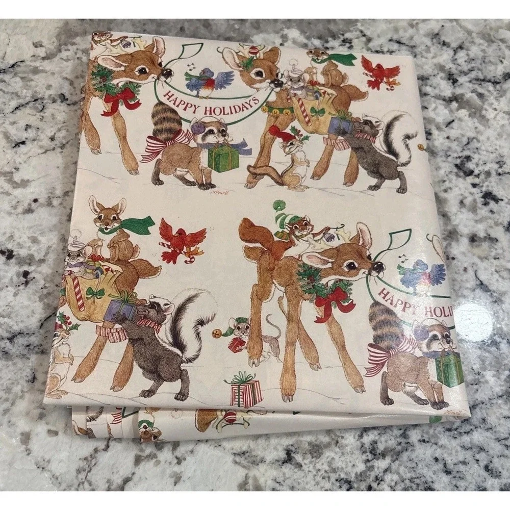 9 VTG LK Powell‎ Woodland Animals Happy Holidays Wrapping Paper gift wrap READ
